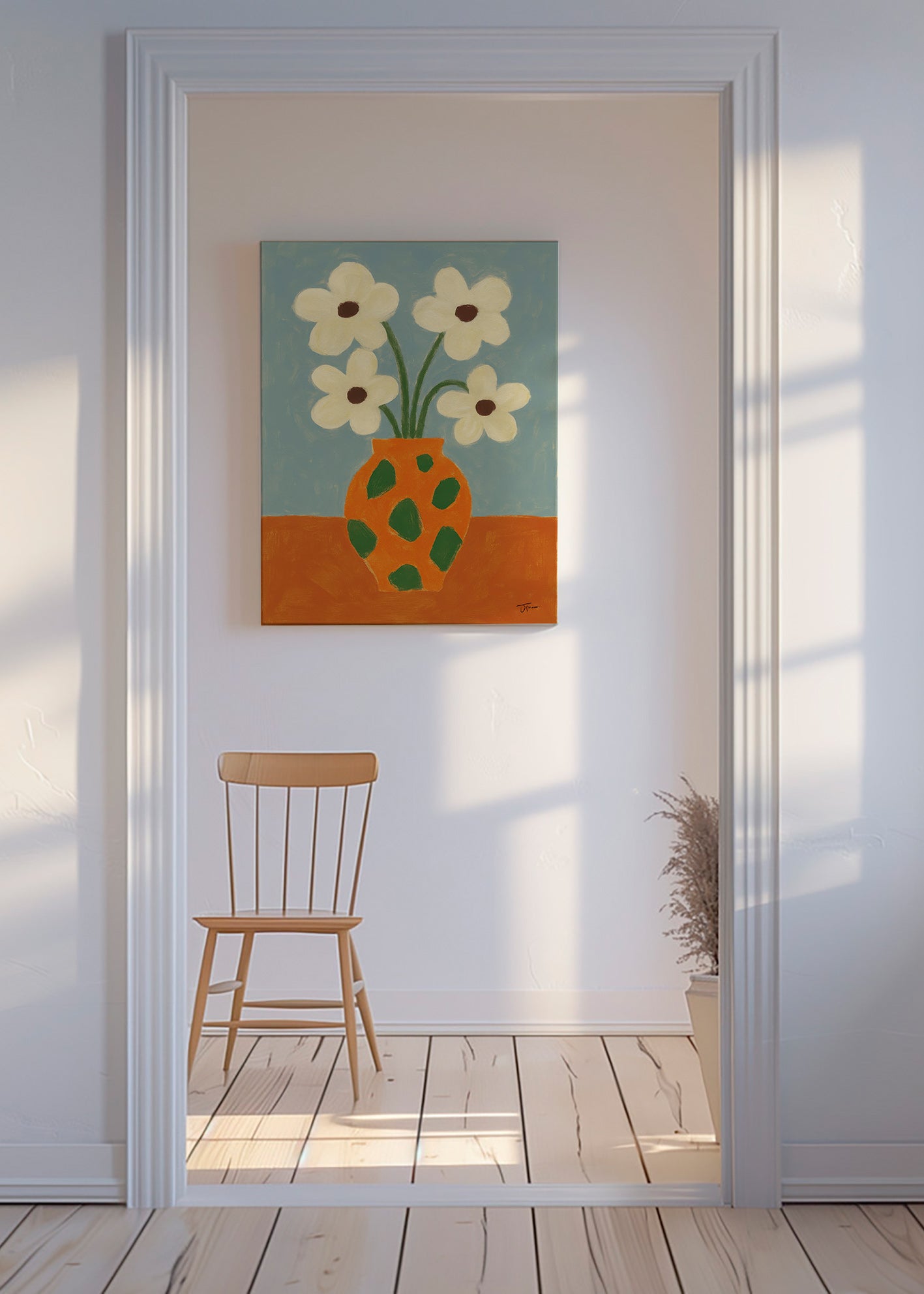 Botanisk plakat: orange vase med blomster – Canvas
