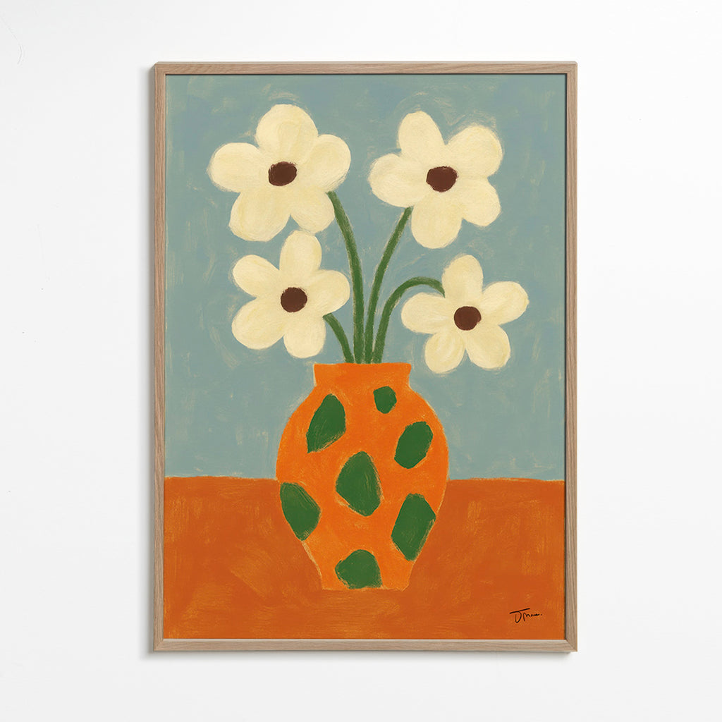 Botanisk plakat: orange vase med blomster – Oak Frame