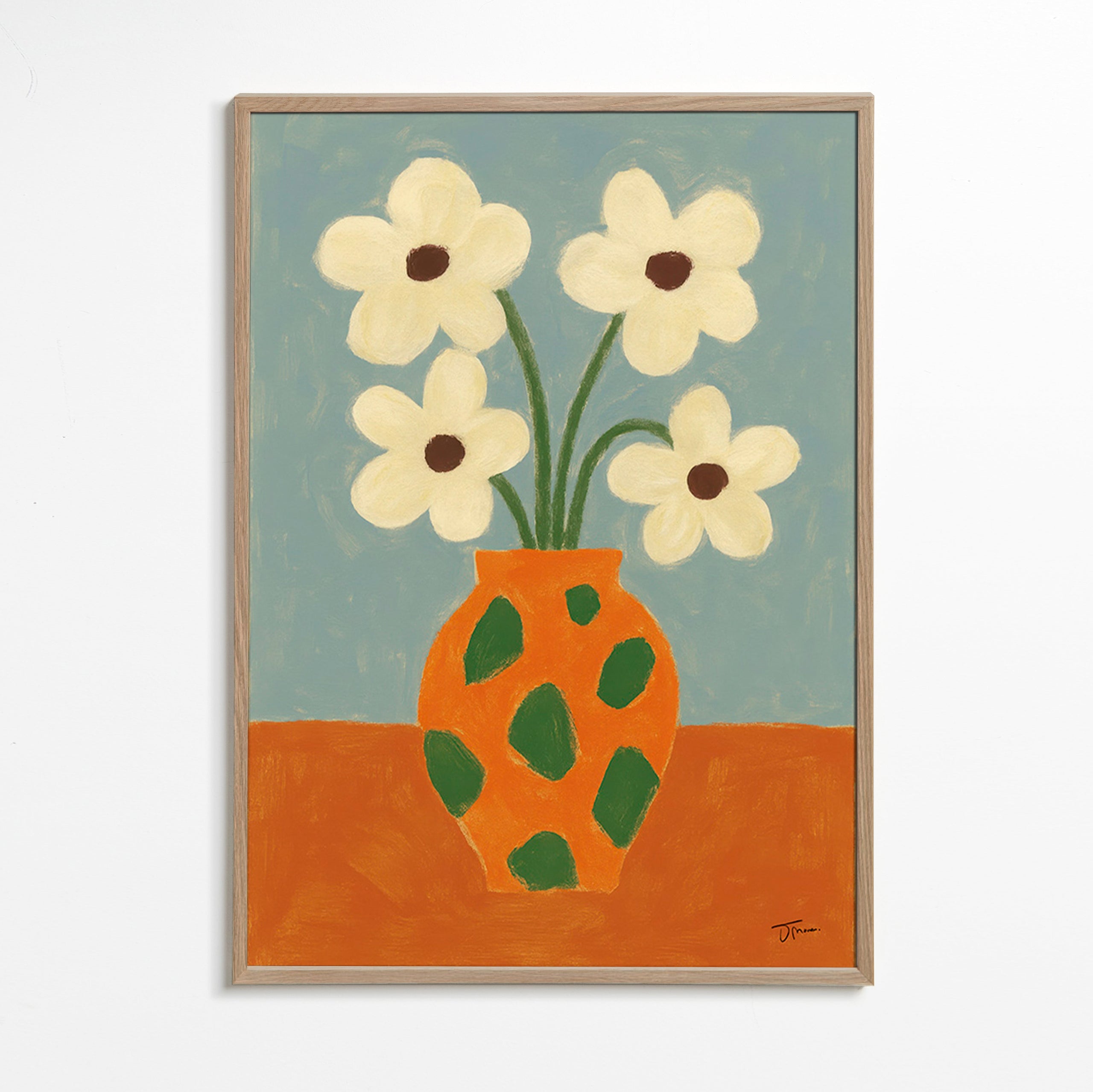 Botanisk plakat: orange vase med blomster – Oak Frame