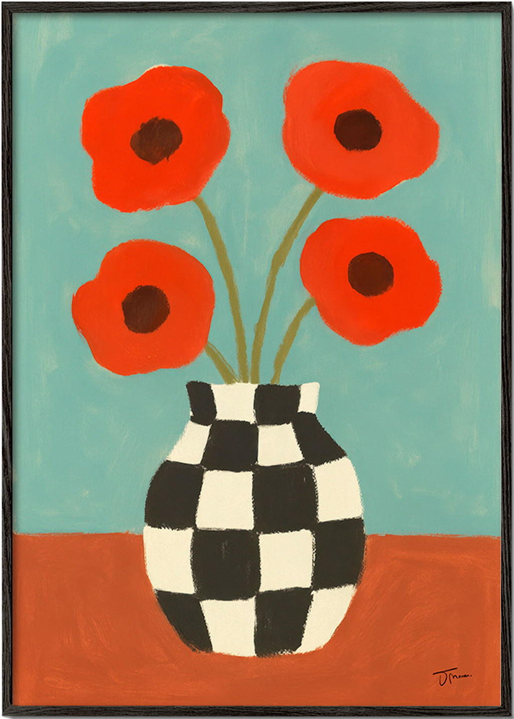 Botanisk plakat med valmuer i skakternet vase – Black Frame