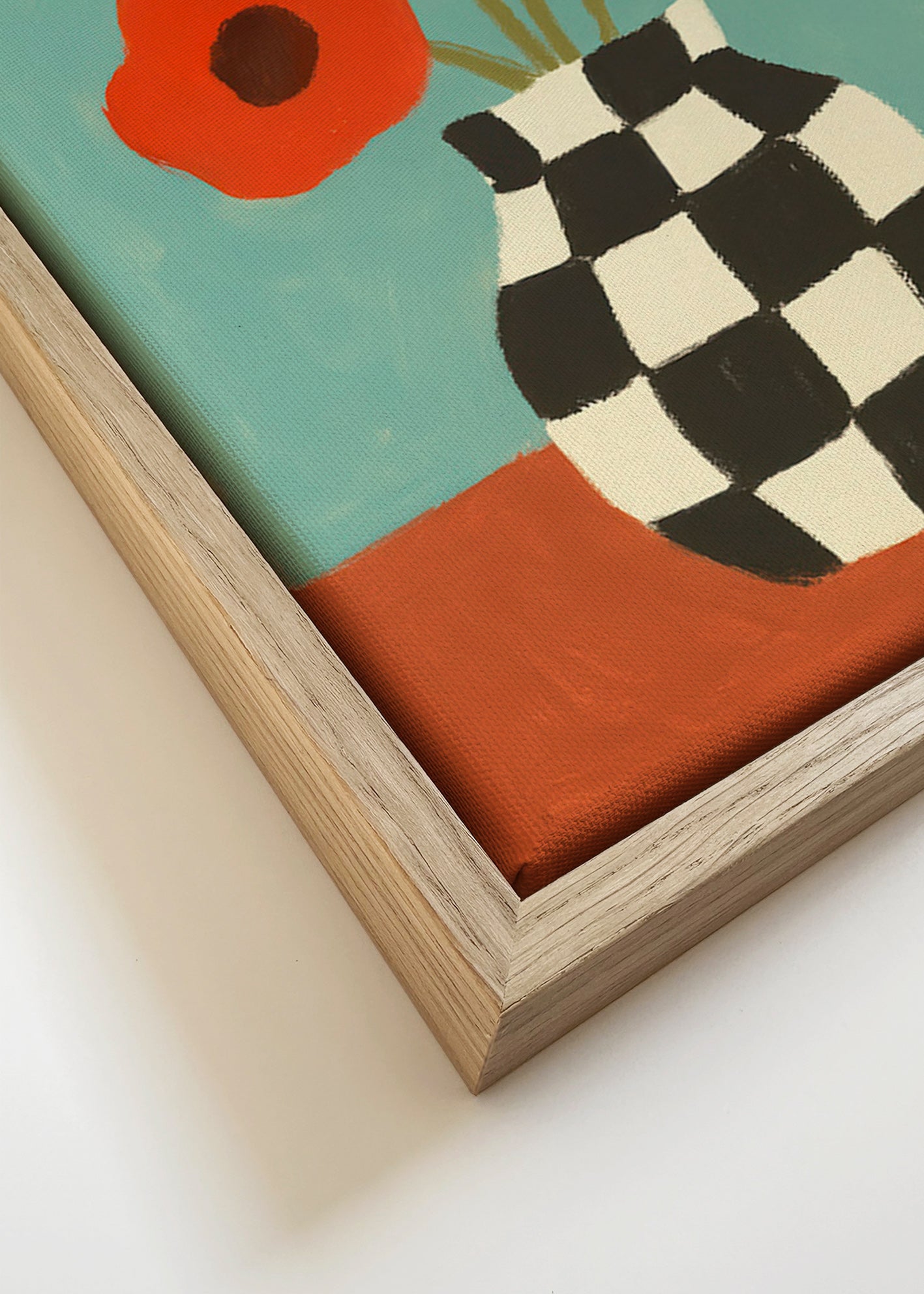 Botanisk plakat med valmuer i skakternet vase – Canvas detail