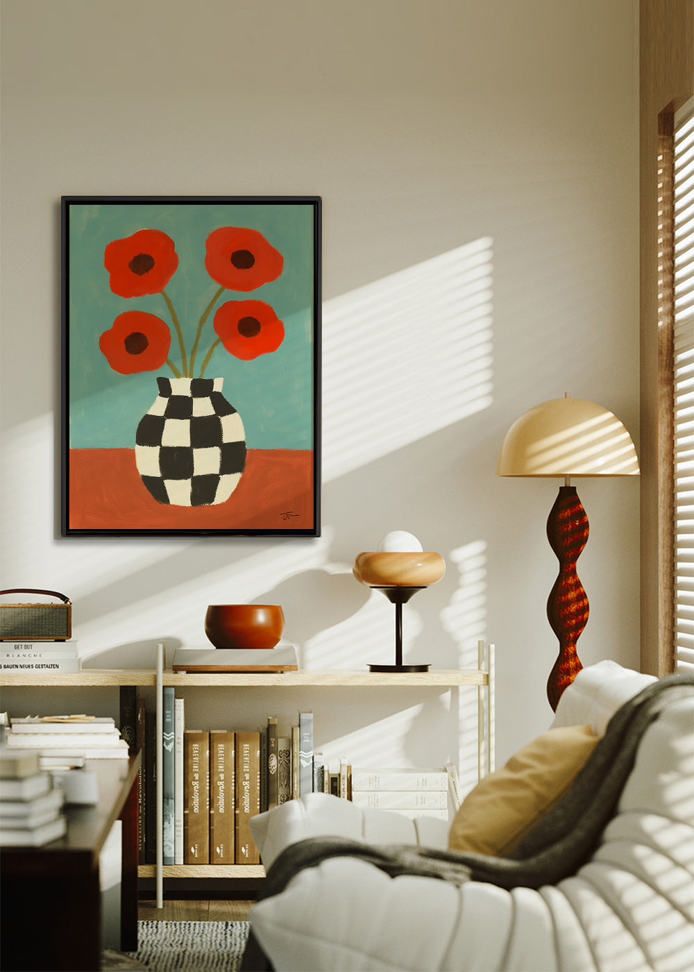 Botanisk plakat med valmuer i skakternet vase – Canvas1