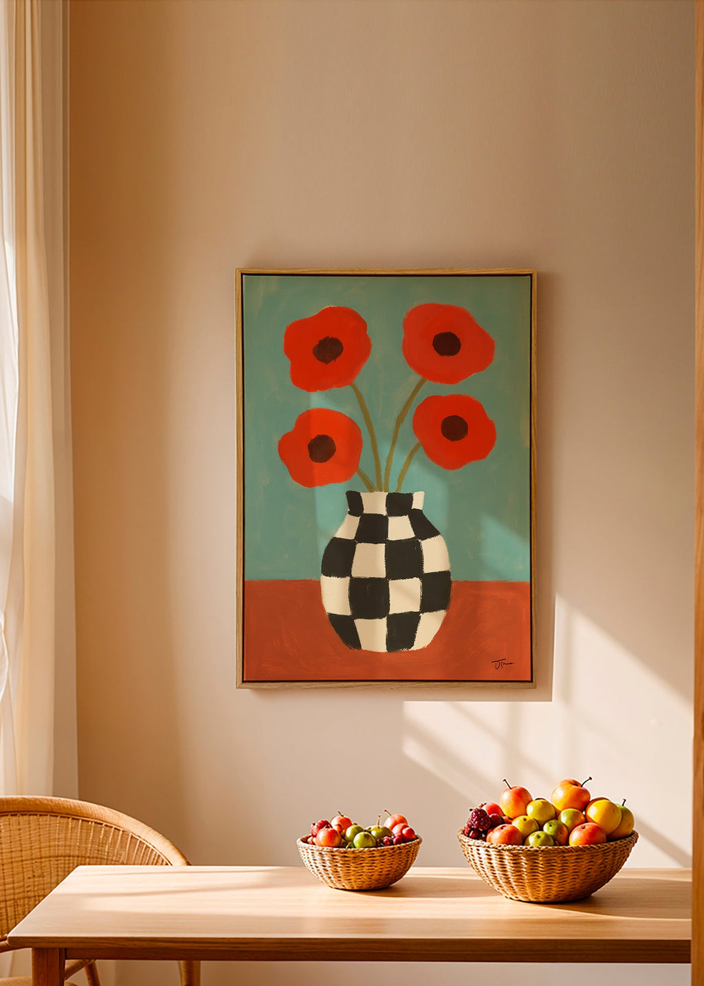 Botanisk plakat med valmuer i skakternet vase – Canvas2