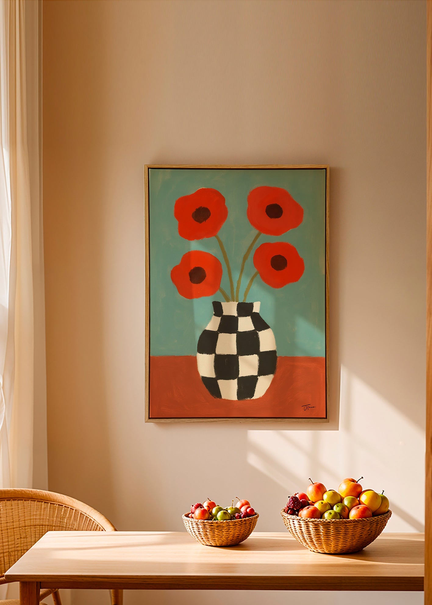 Botanisk plakat med valmuer i skakternet vase – Canvas2