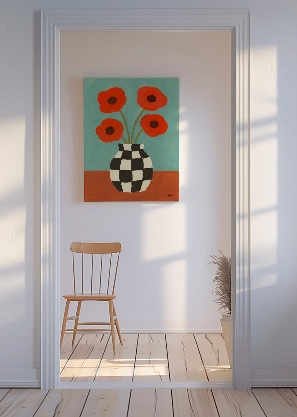 Botanisk plakat med valmuer i skakternet vase – Canvas