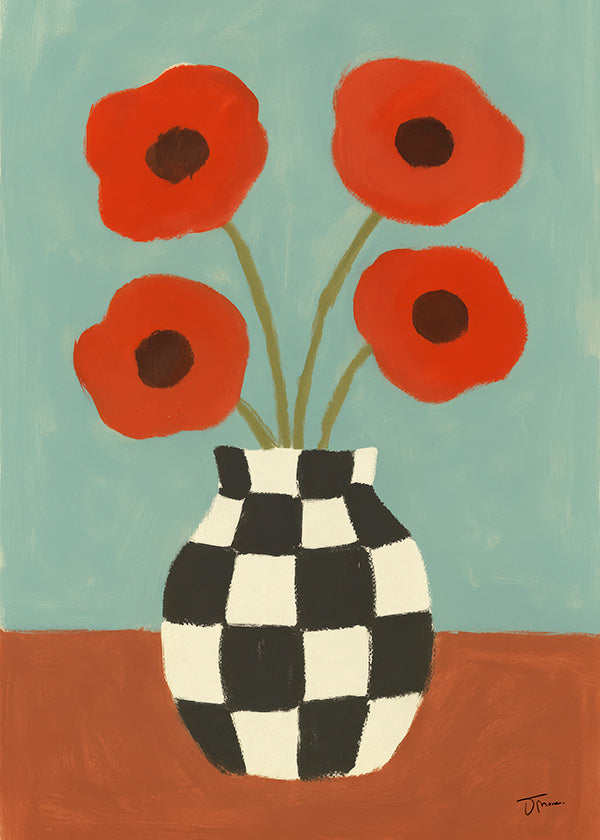 Botanisk plakat med valmuer i skakternet vase