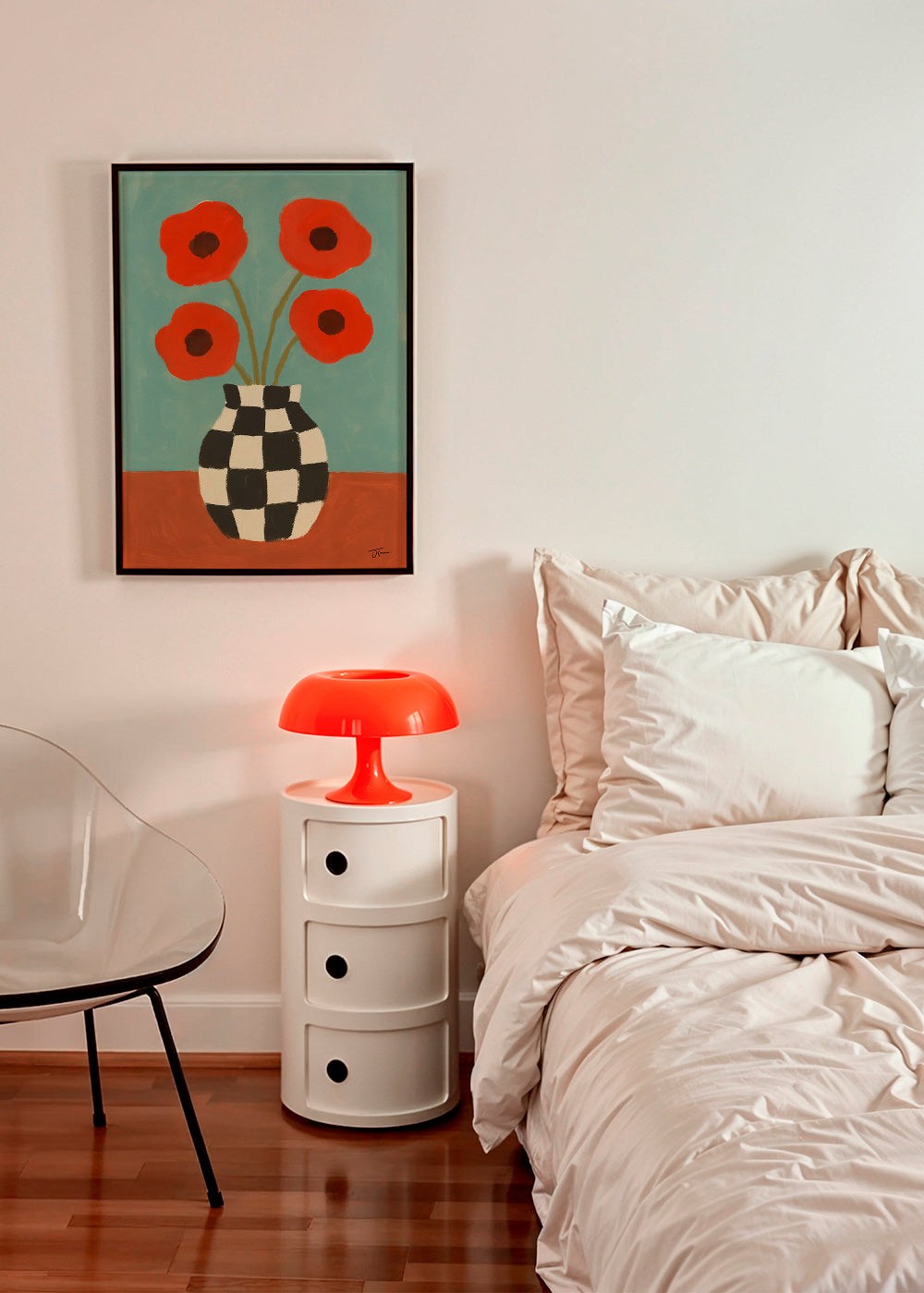 Botanisk plakat med valmuer i skakternet vase – Product1