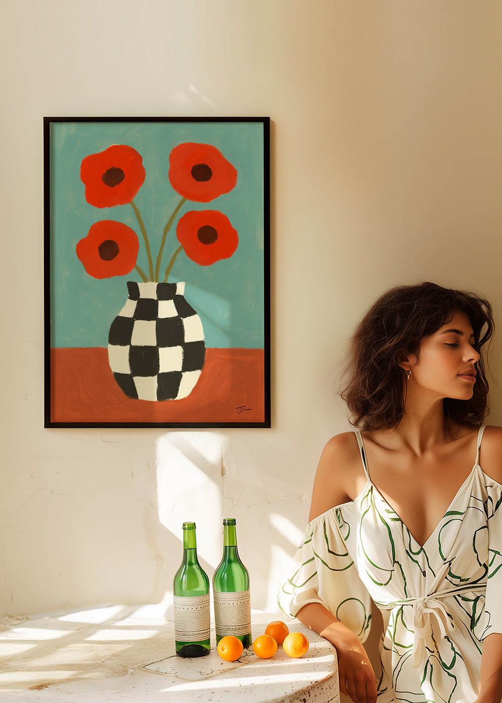 Botanisk plakat med valmuer i skakternet vase – Product2