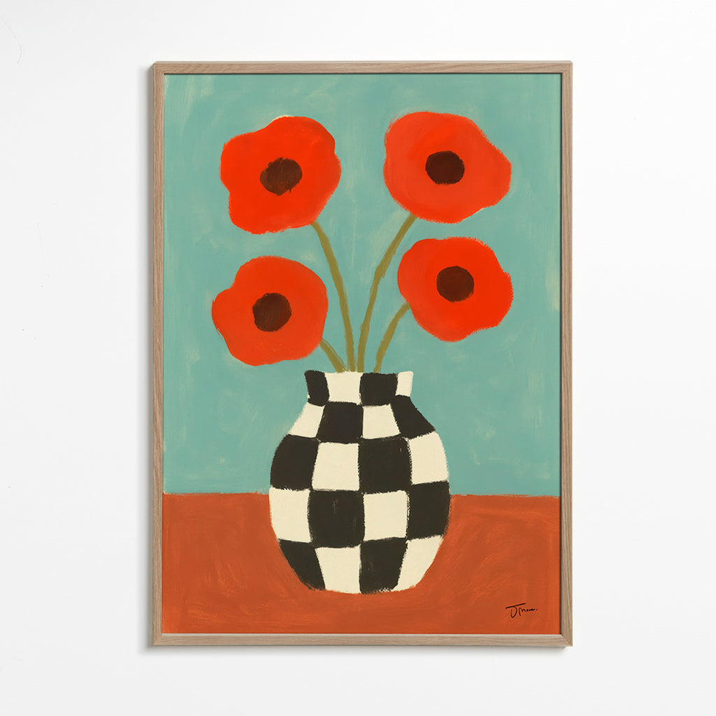 Botanisk plakat med valmuer i skakternet vase – Oak Frame
