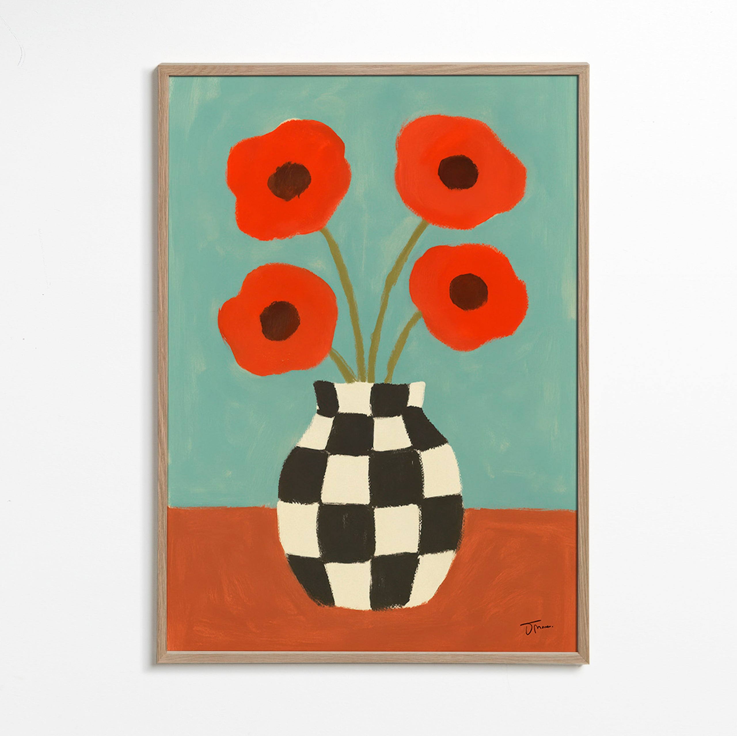 Botanisk plakat med valmuer i skakternet vase – Oak Frame