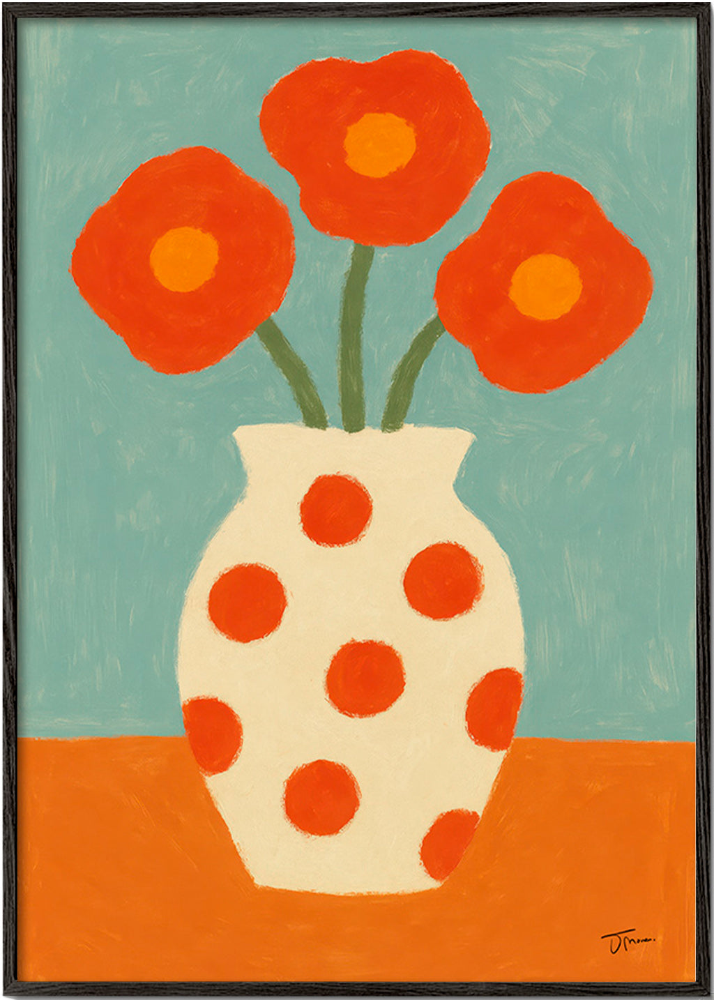 Botanisk plakat med rød prikvase – Black Frame