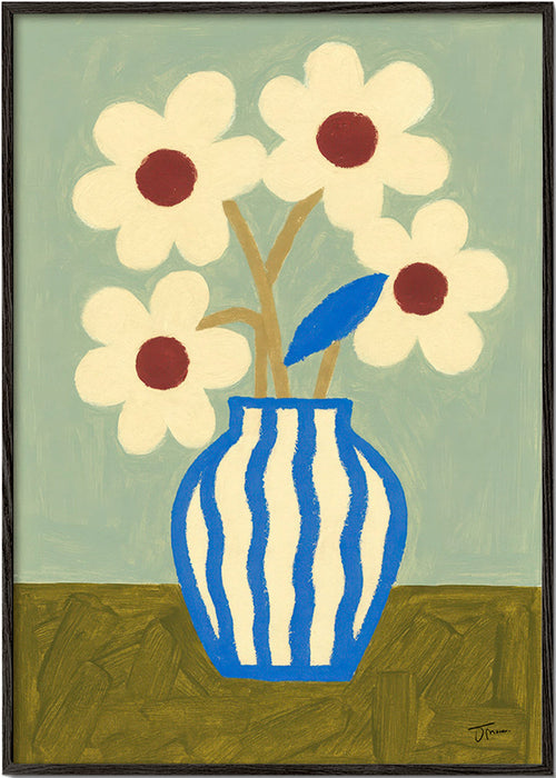 Botanisk plakat blå vase med stiliserede blomster – Black Frame