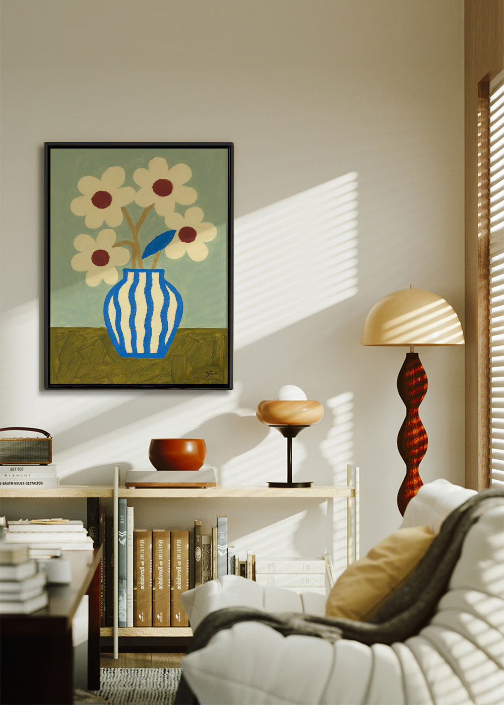 Botanisk plakat blå vase med stiliserede blomster – Canvas1