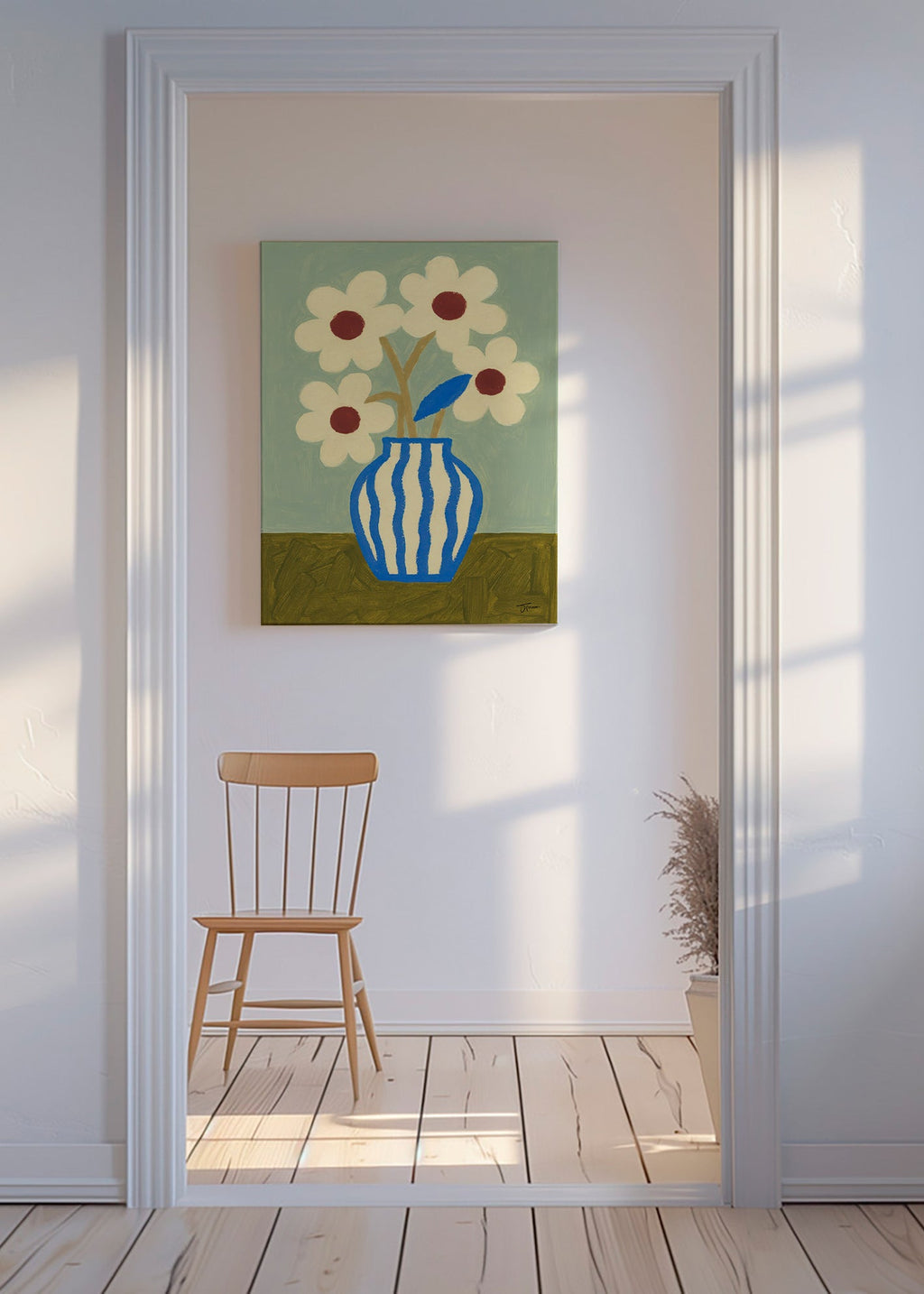 Botanisk plakat blå vase med stiliserede blomster – Canvas