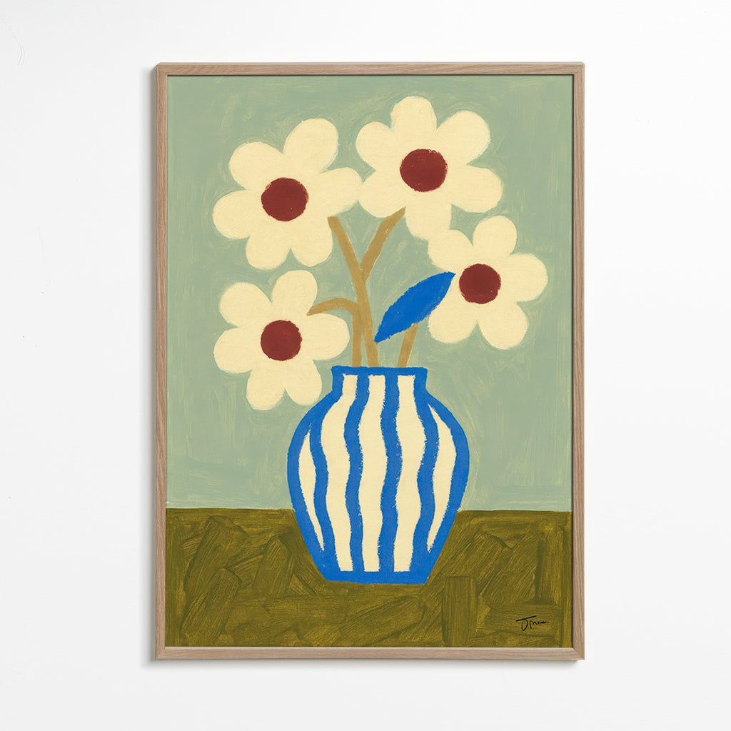 Botanisk plakat blå vase med stiliserede blomster – Oak Frame