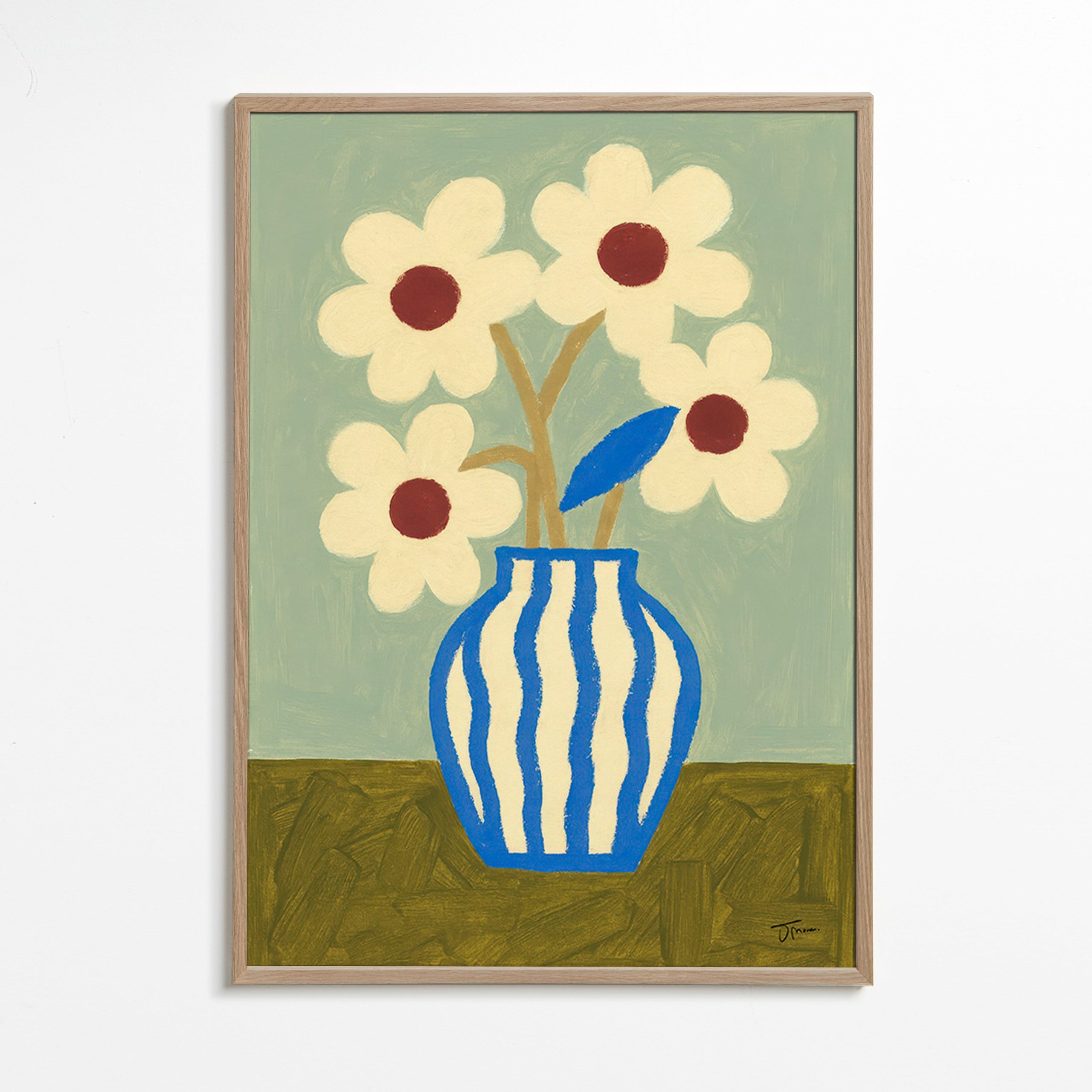 Botanisk plakat blå vase med stiliserede blomster – Oak Frame