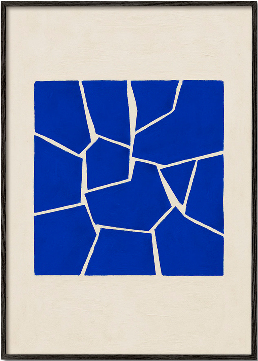 Abstrakt værk i blå med geometriske fragmenter – Black Frame