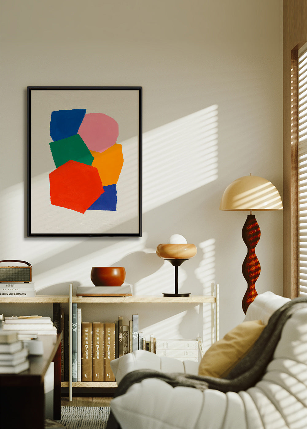 Geometrisk plakat med stakkede farverige former – Canvas1