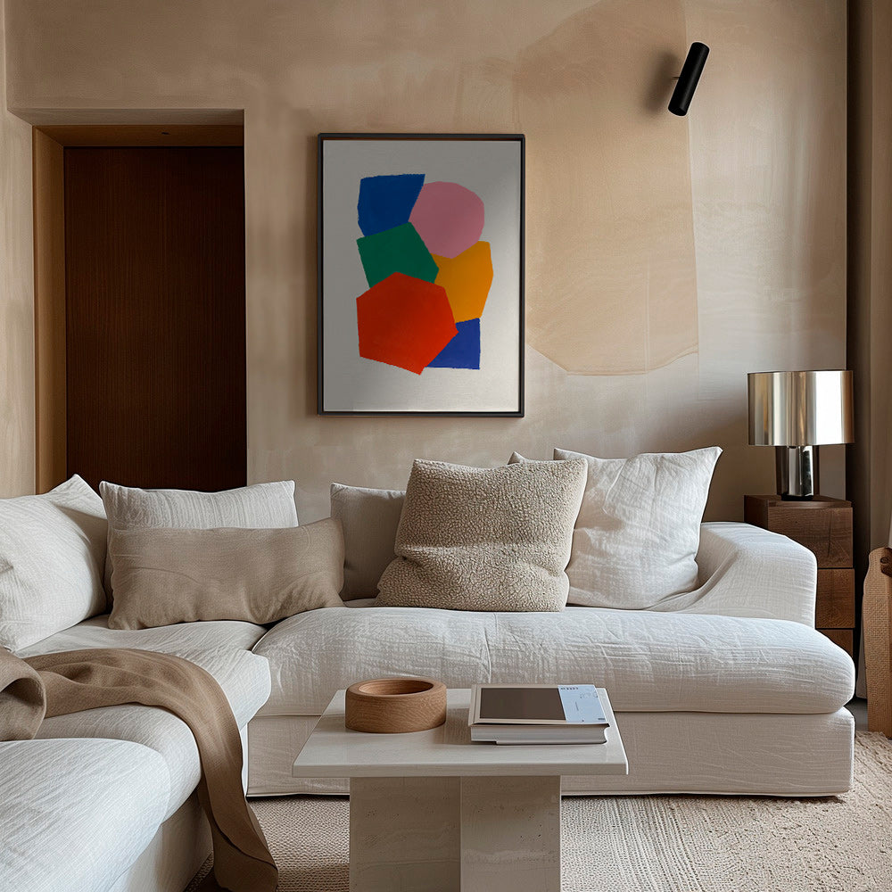 Geometrisk plakat med stakkede farverige former – Canvas2