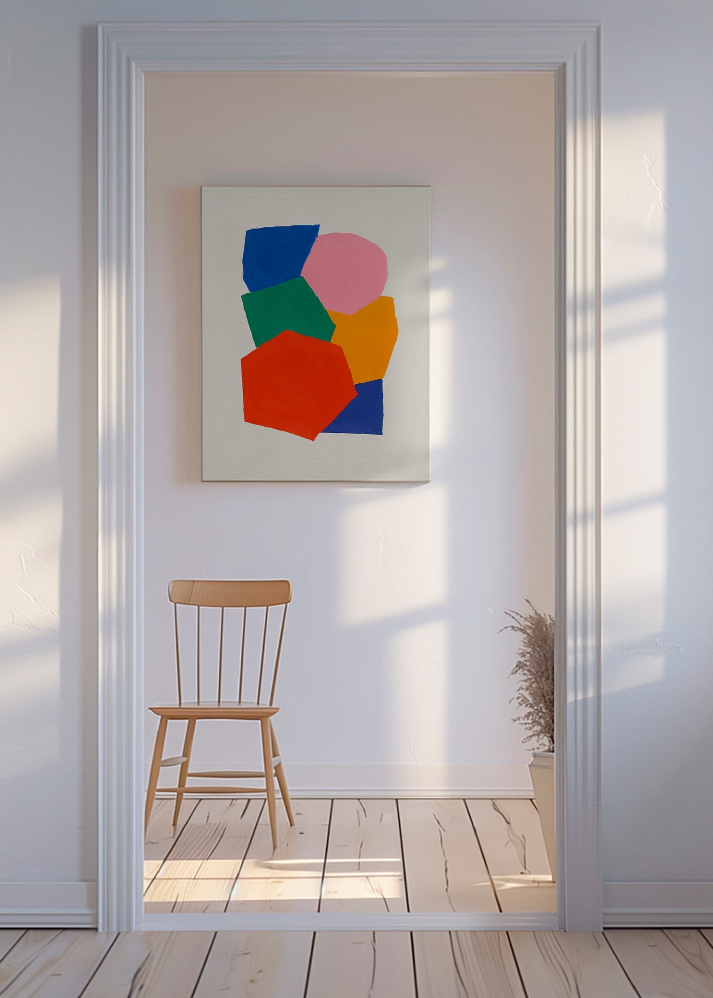 Geometrisk plakat med stakkede farverige former – Canvas