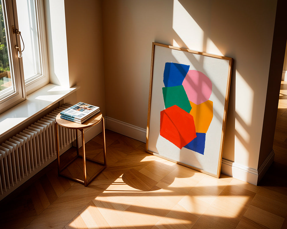 Geometrisk plakat med stakkede farverige former – Product1