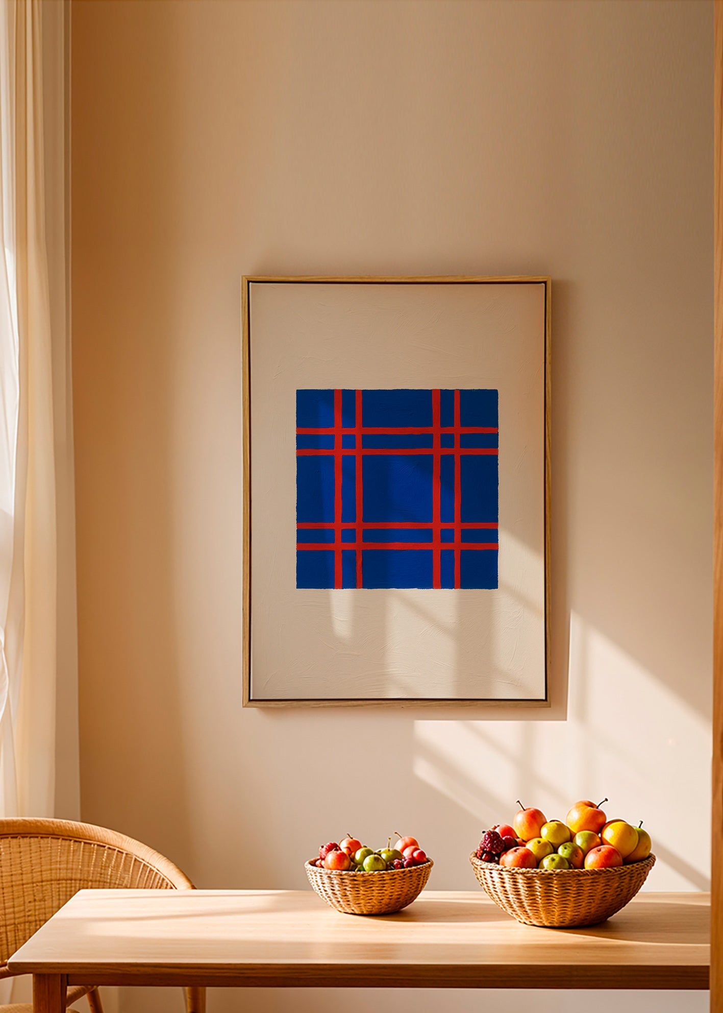 Geometrisk billede i blå med rød gitter – Canvas1