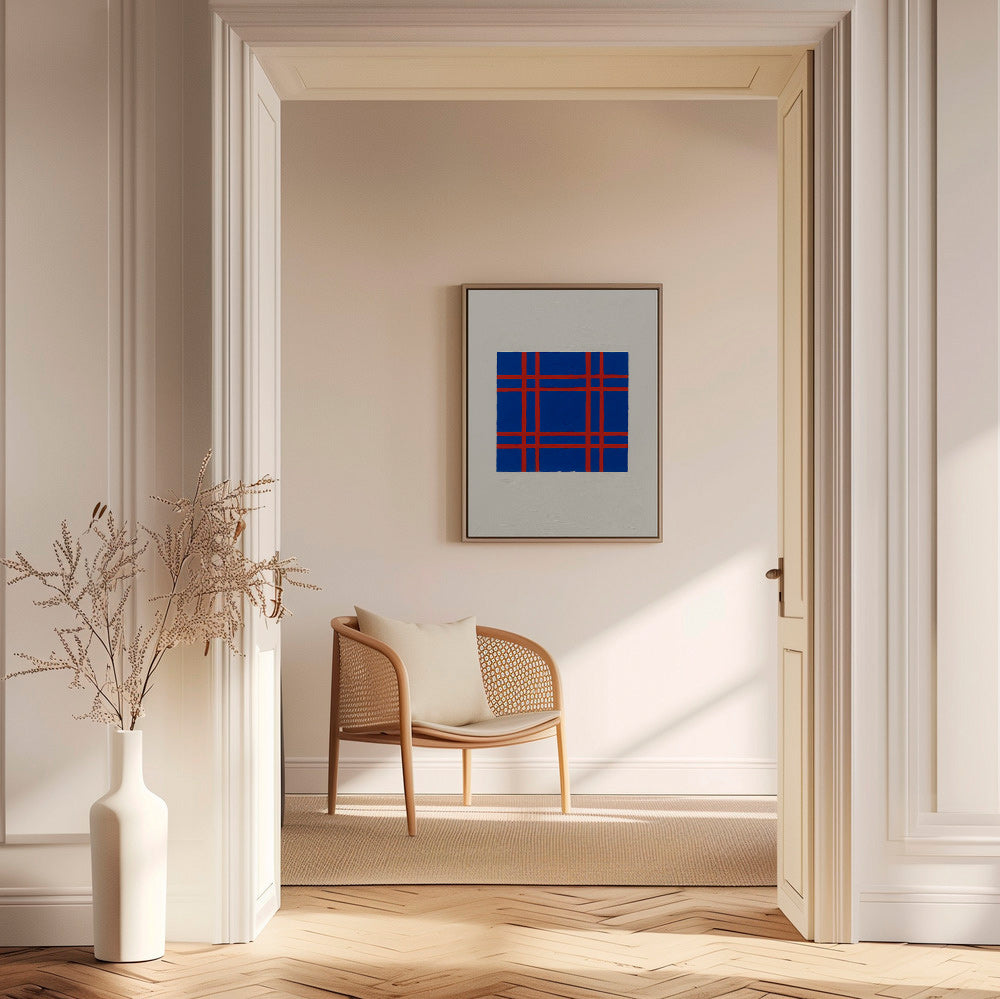 Geometrisk billede i blå med rød gitter – Canvas2