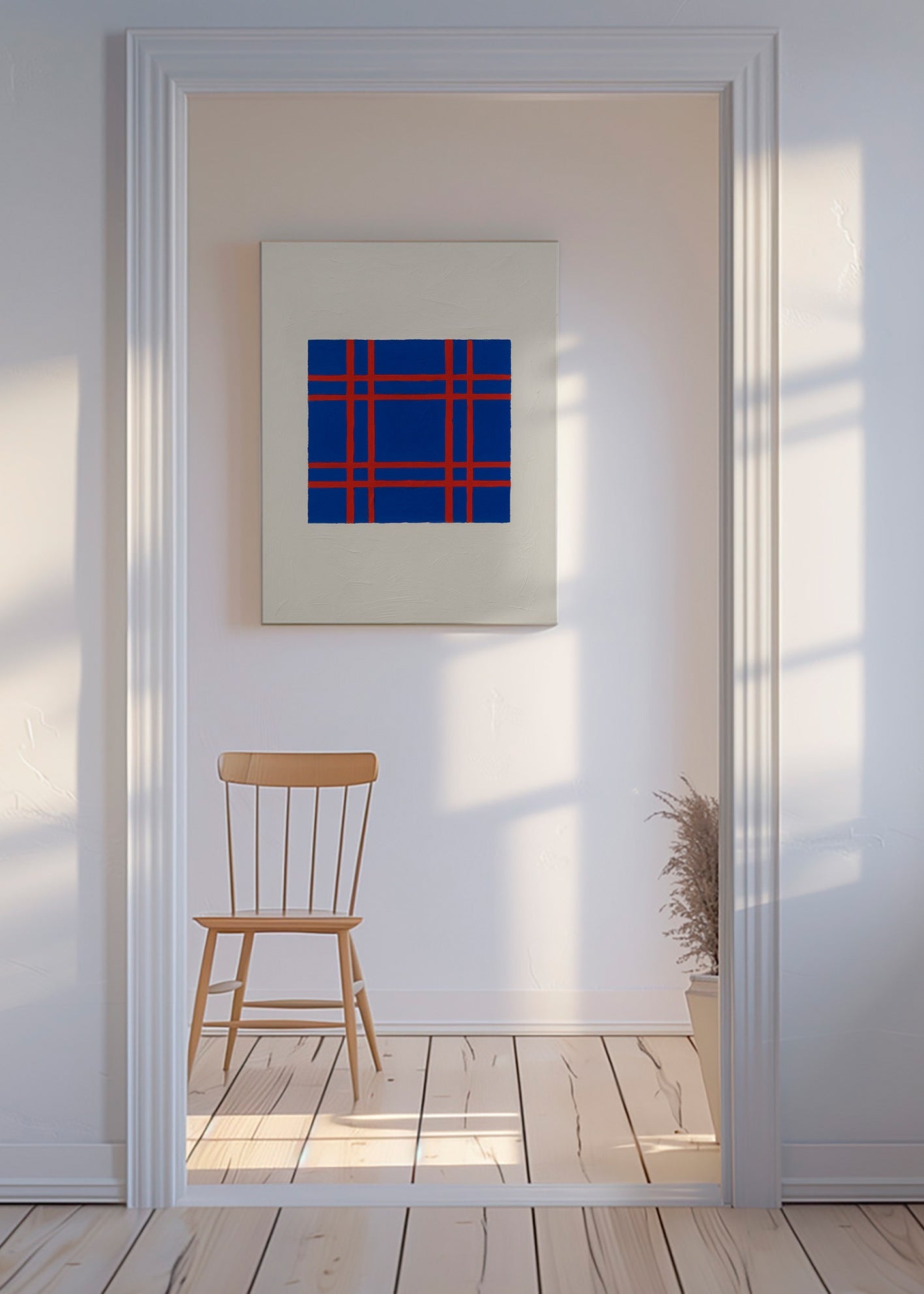 Geometrisk billede i blå med rød gitter – Canvas