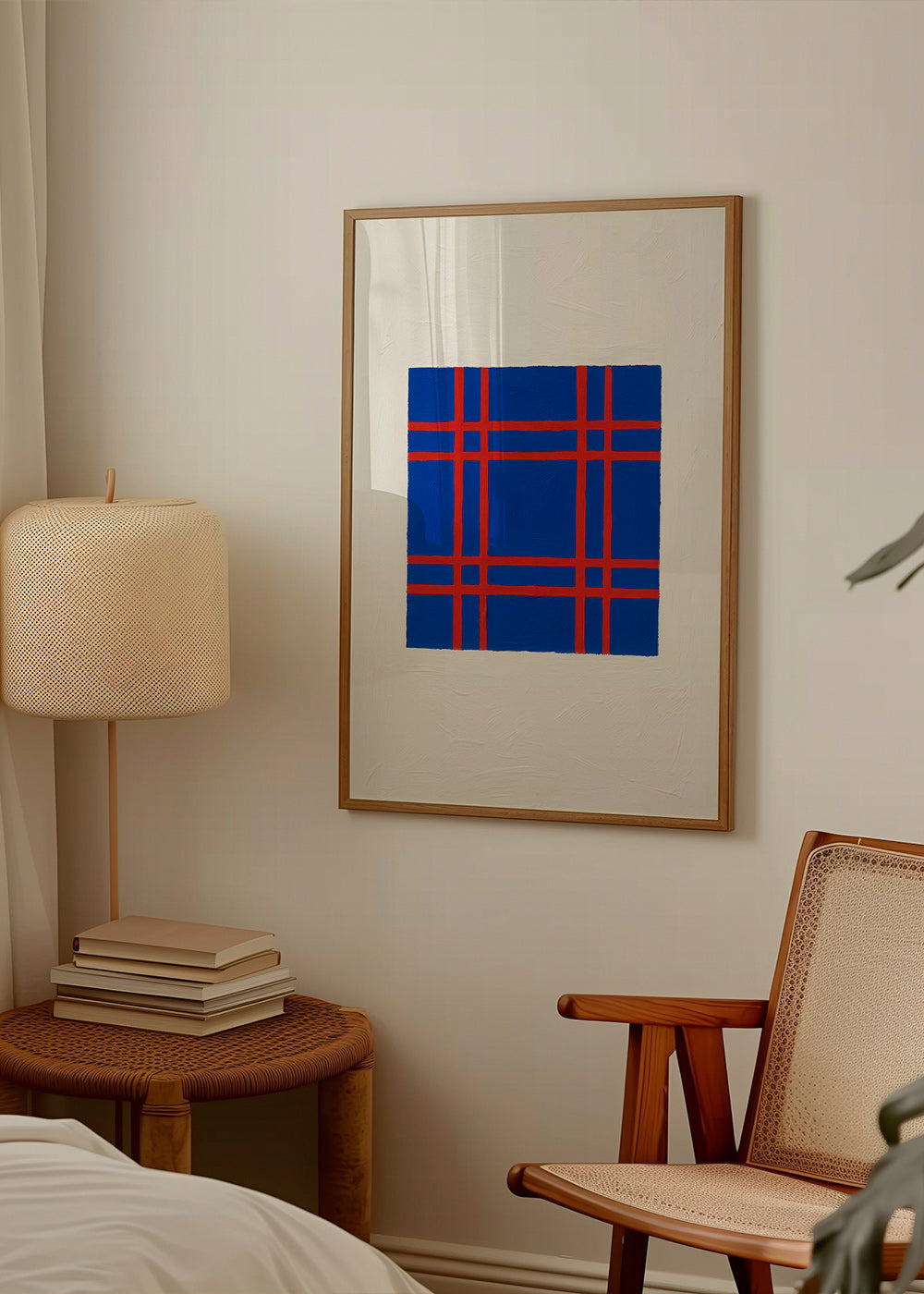 Geometrisk billede i blå med rød gitter – Product3