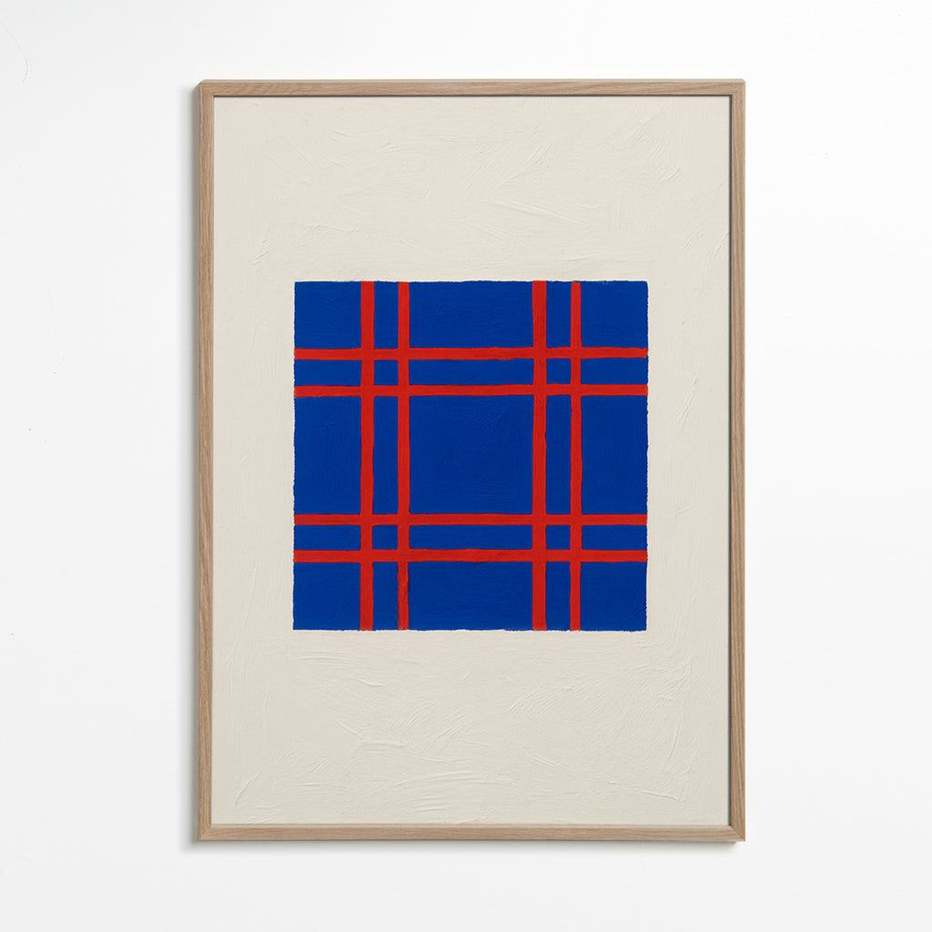 Geometrisk billede i blå med rød gitter – Oak Frame