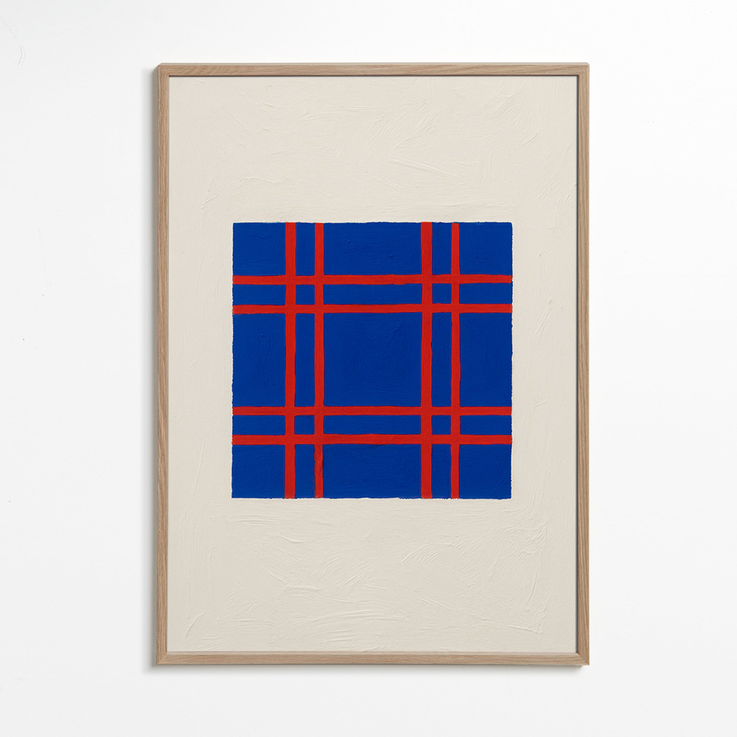 Geometrisk billede i blå med rød gitter – Oak Frame