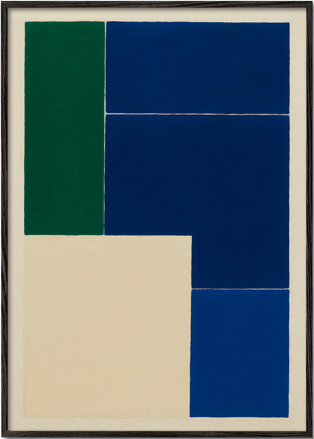 Geometrisk plakat med blå og grønne blokke – Black Frame