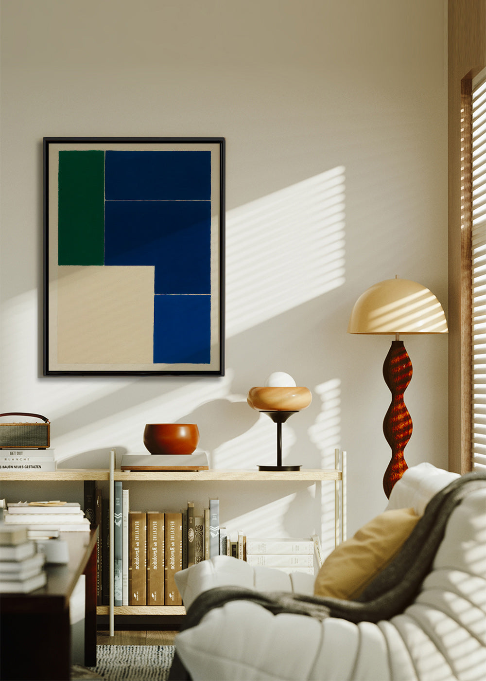Geometrisk plakat med blå og grønne blokke – Canvas1