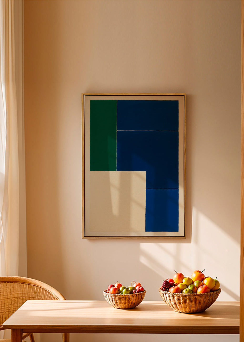 Geometrisk plakat med blå og grønne blokke – Canvas2