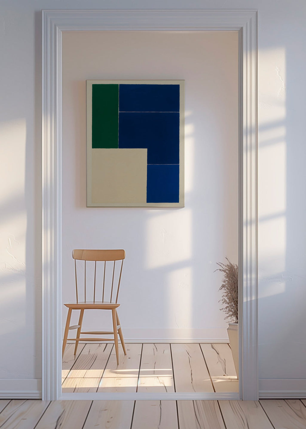 Geometrisk plakat med blå og grønne blokke – Canvas