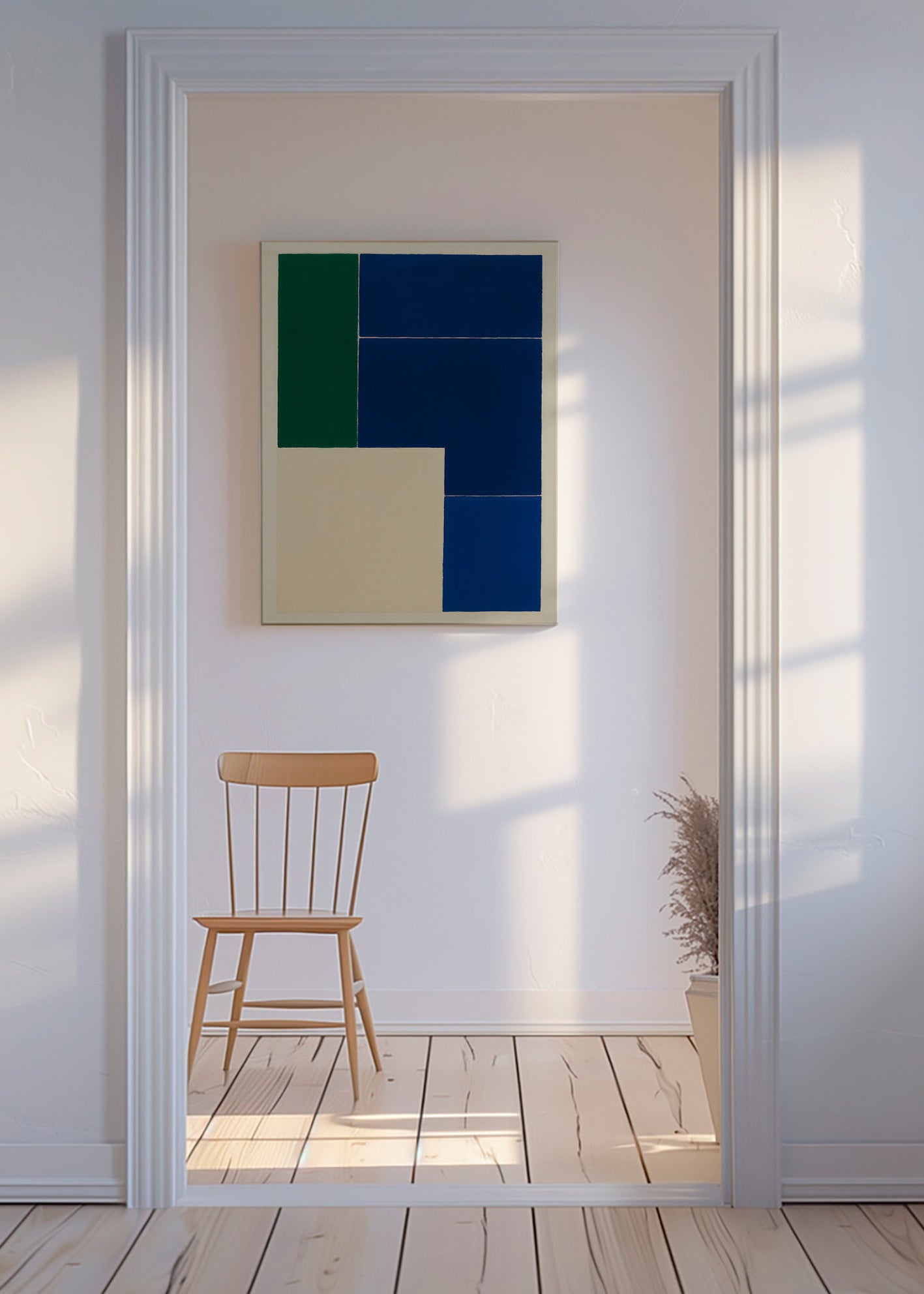 Geometrisk plakat med blå og grønne blokke – Canvas