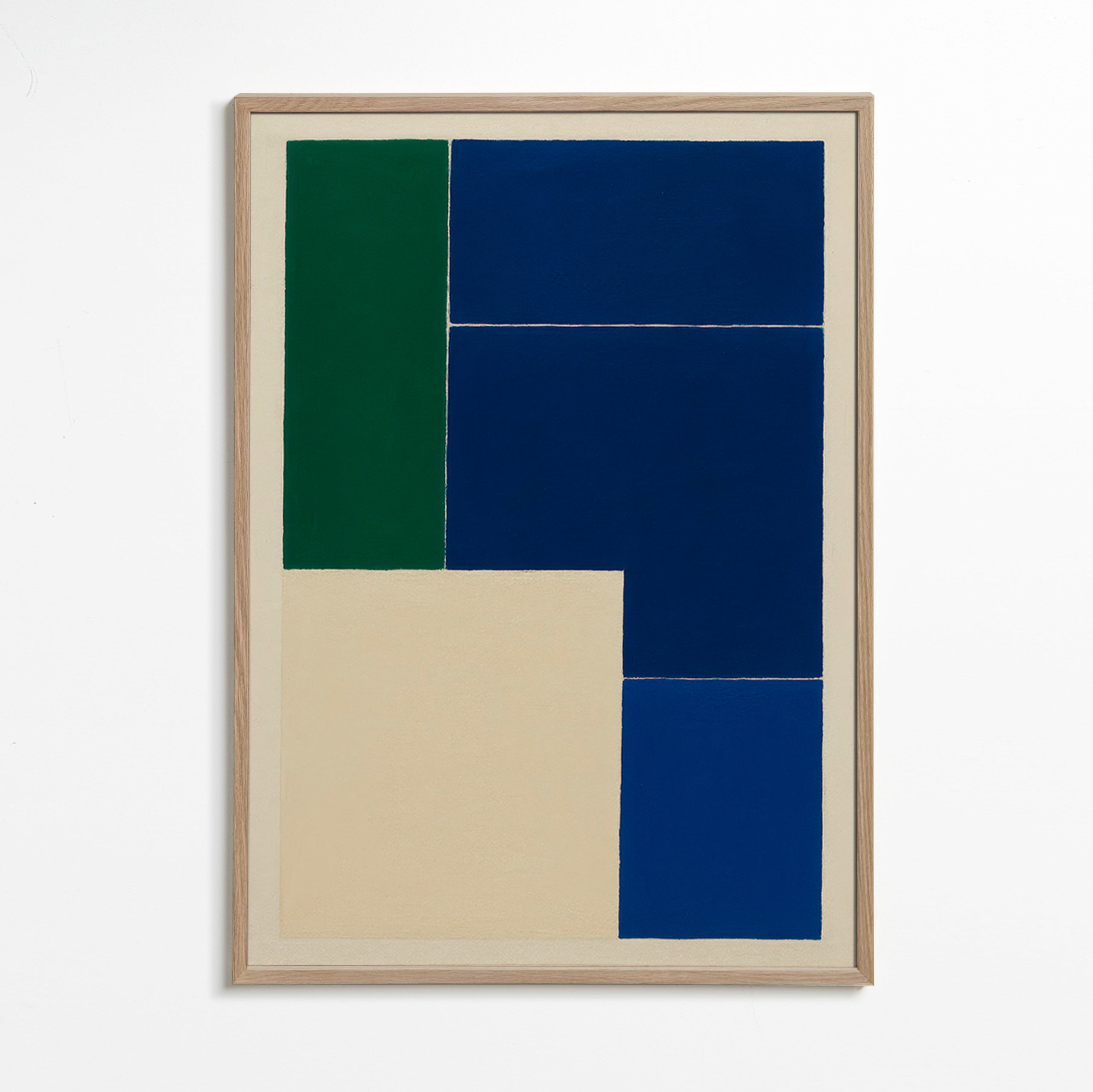 Geometrisk plakat med blå og grønne blokke – Oak Frame