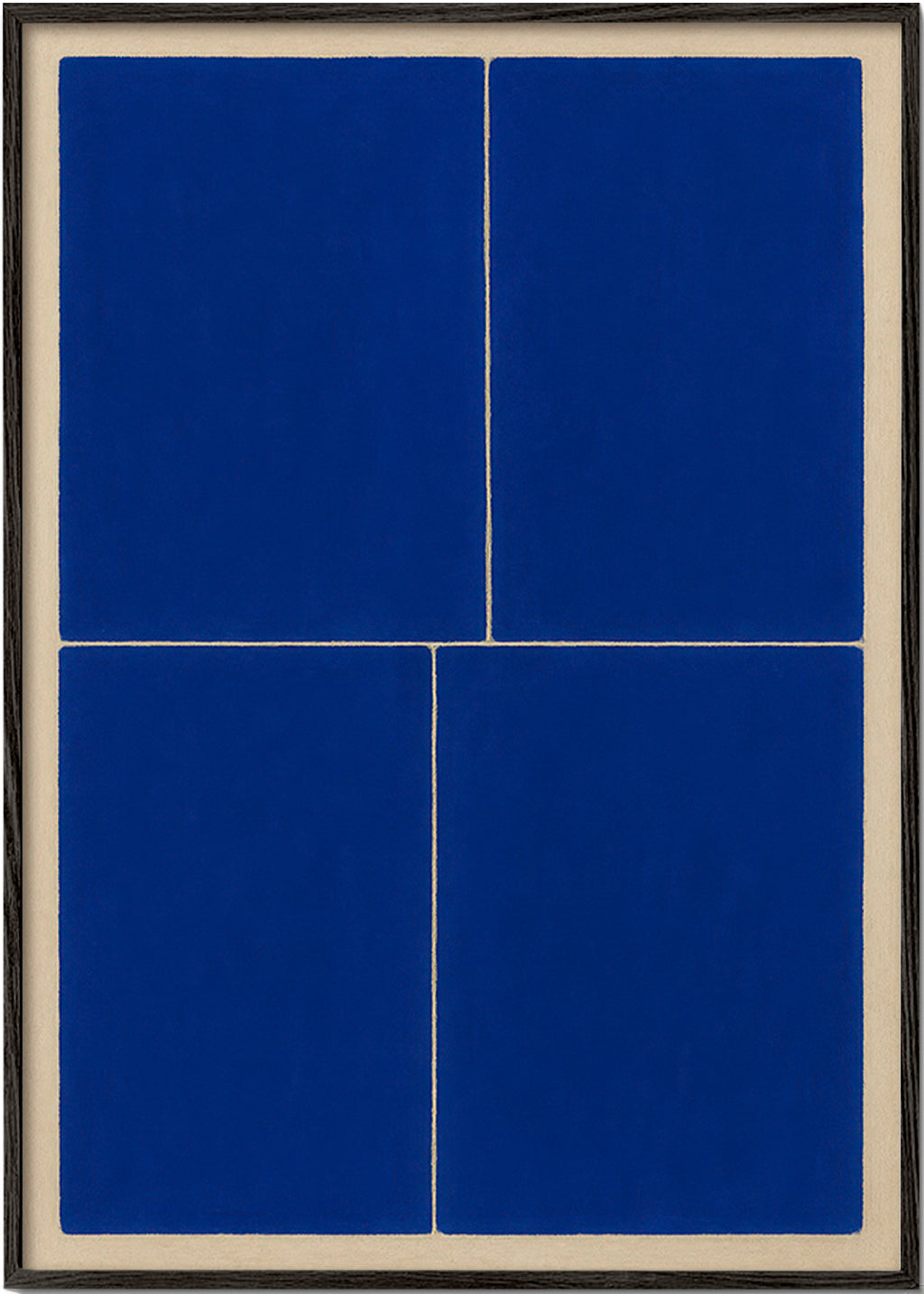 Geometrisk maleri med blå paneler – Black Frame