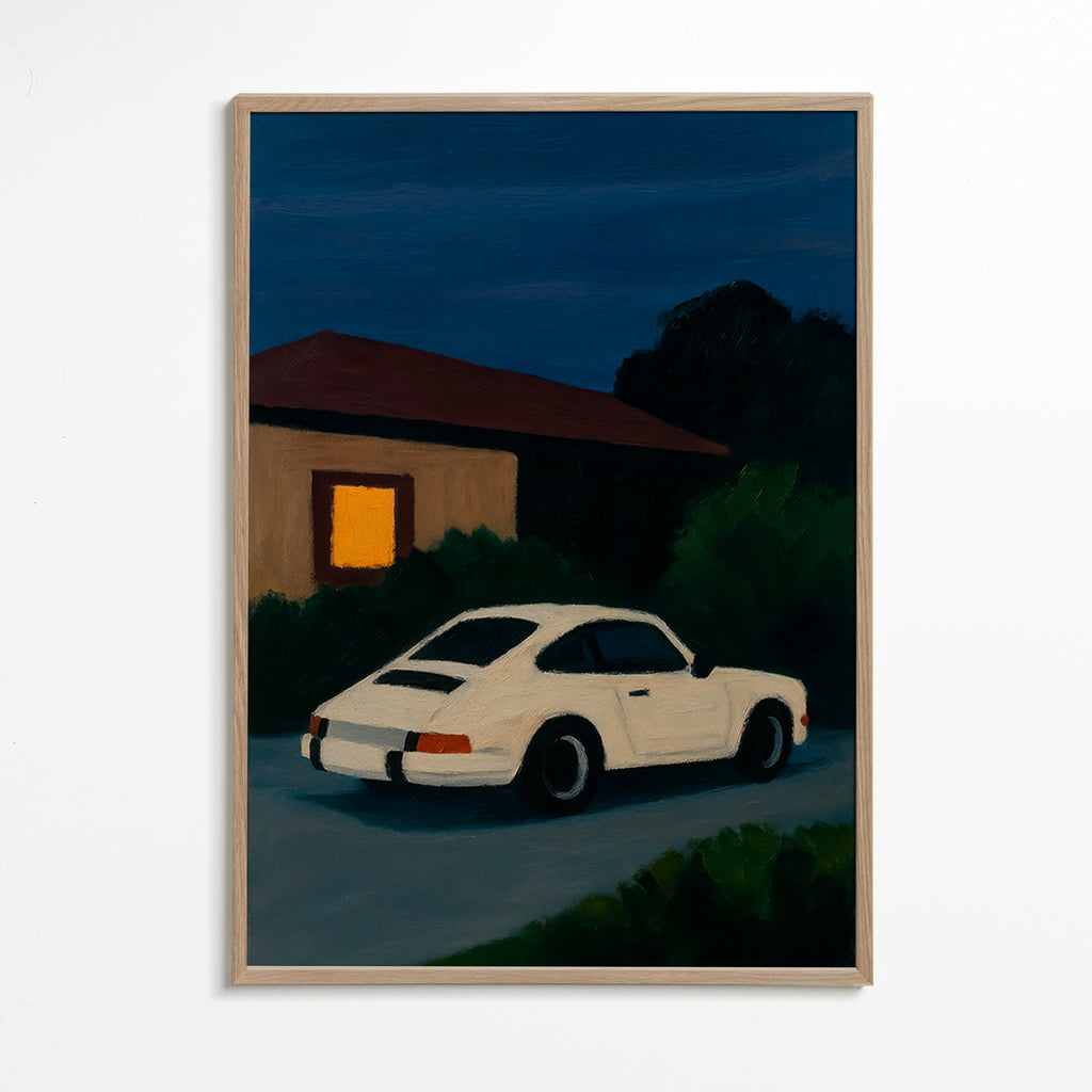 Vintage bil plakat i natlig kørsel – Oak Frame