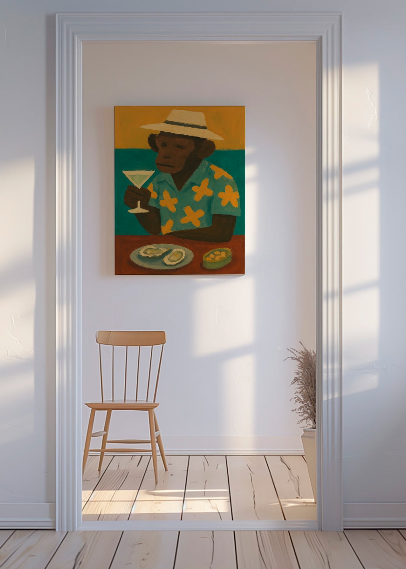 Køkkenkunst med abe og cocktail – Canvas
