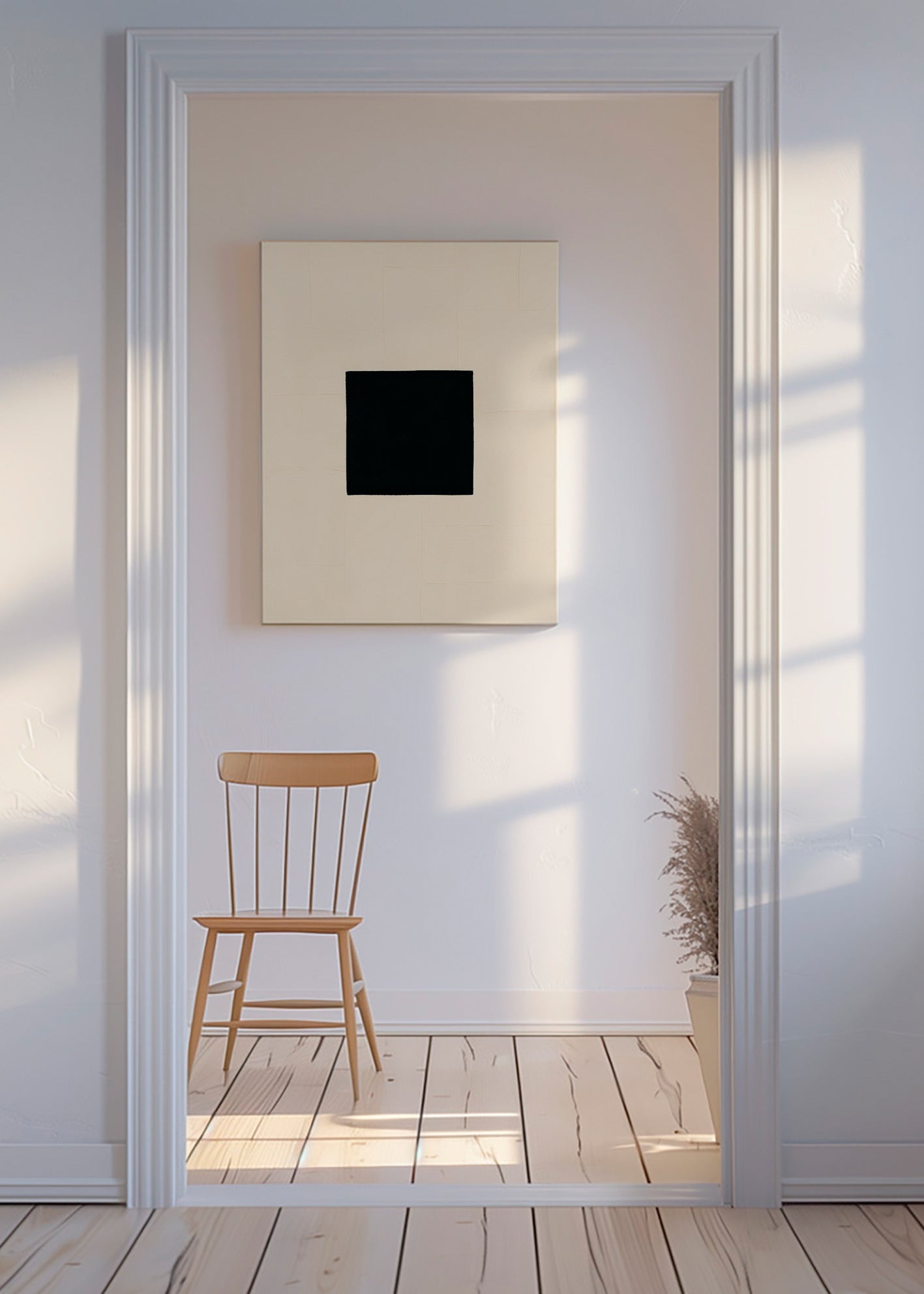Abstrakt billede: sort firkant på creme – Canvas