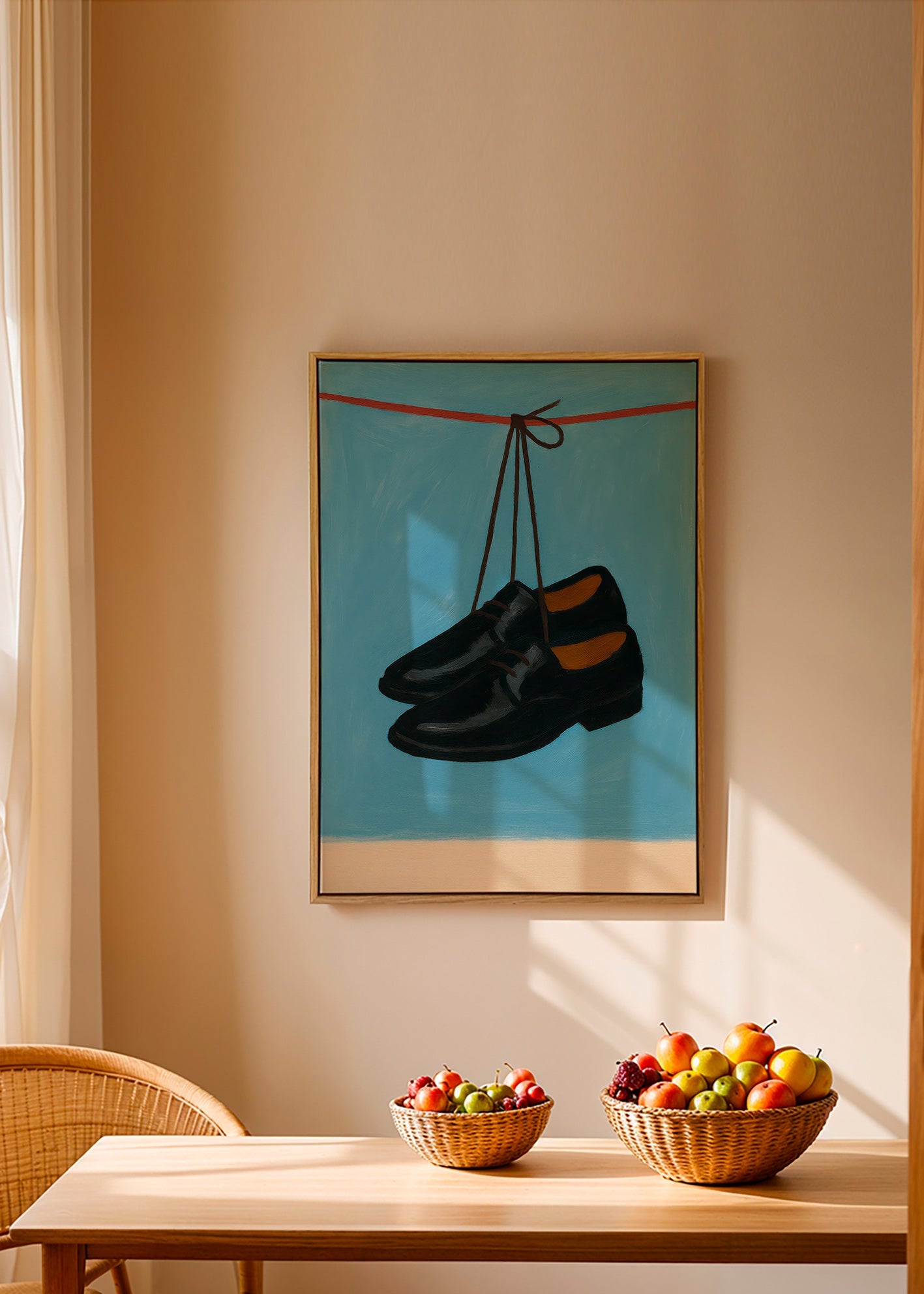 Illustration af hængende sko på blå baggrund – Canvas1