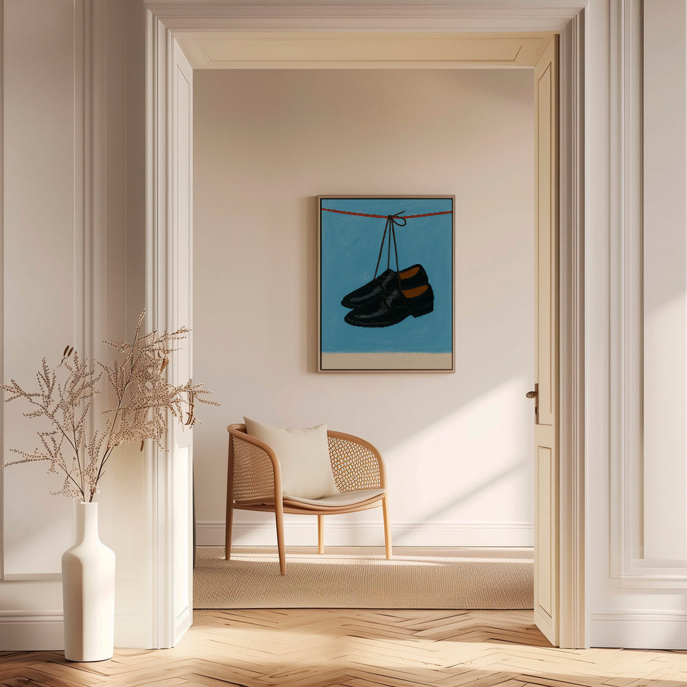 Illustration af hængende sko på blå baggrund – Canvas2