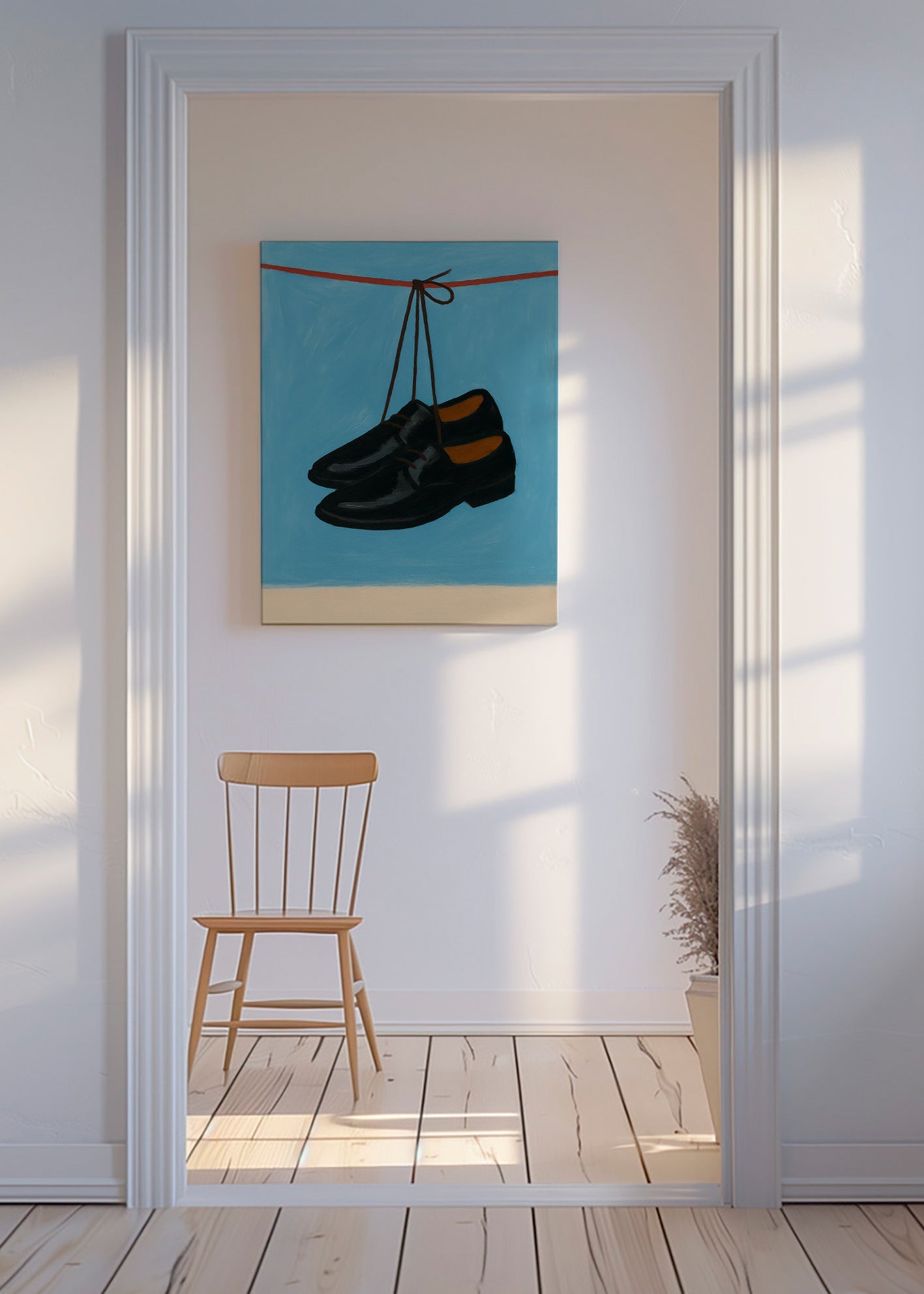 Illustration af hængende sko på blå baggrund – Canvas