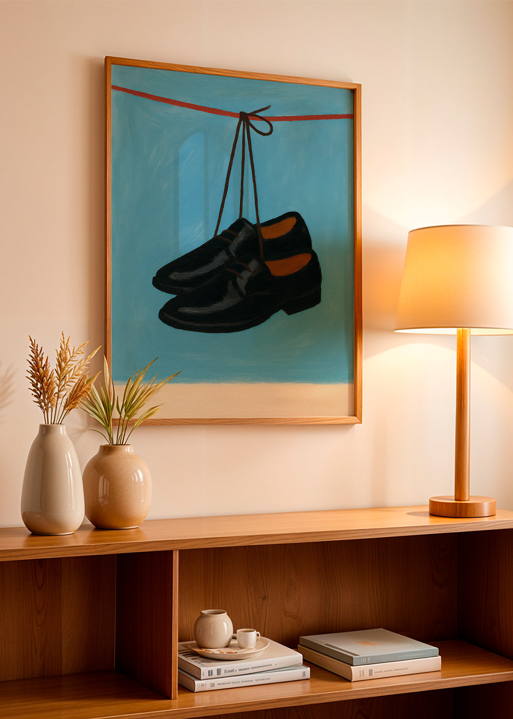 Illustration af hængende sko på blå baggrund – Product2
