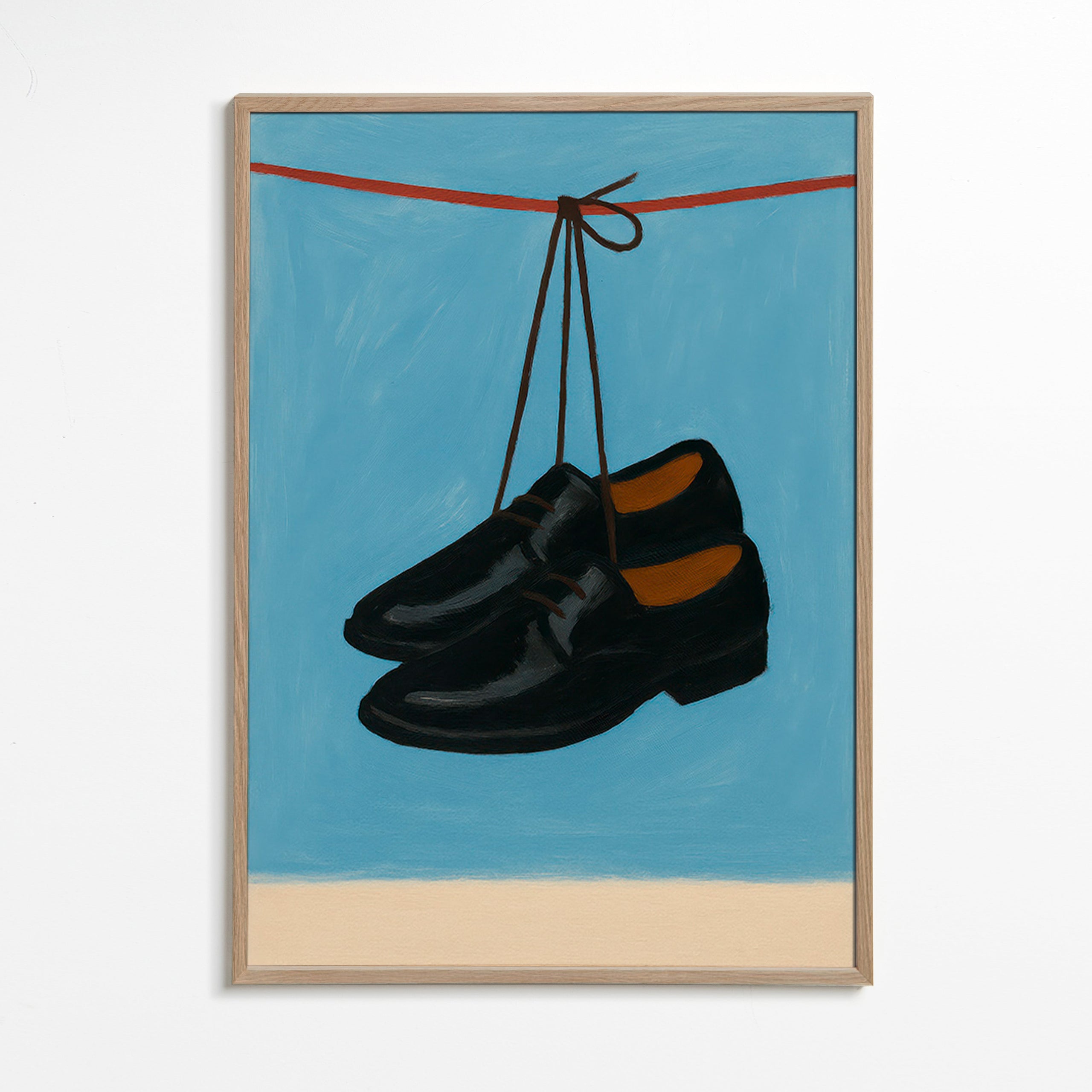 Illustration af hængende sko på blå baggrund – Oak Frame