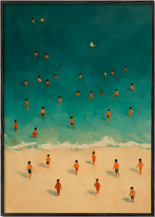 Landskabskunst: strand set oppefra med badende – Black Frame