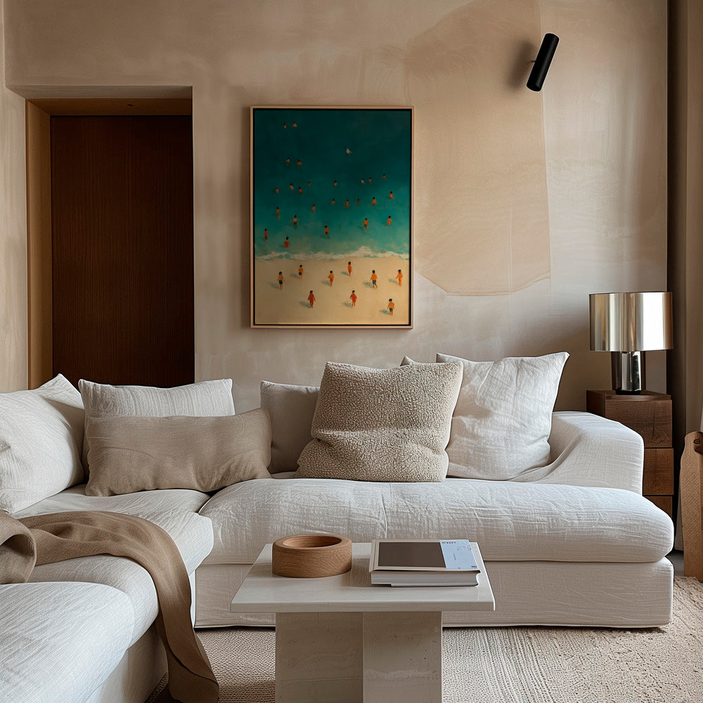 Landskabskunst: strand set oppefra med badende – Canvas1