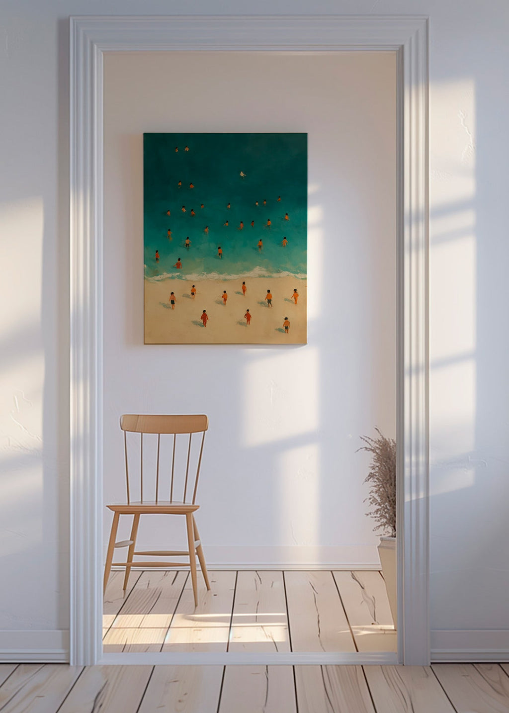 Landskabskunst: strand set oppefra med badende – Canvas