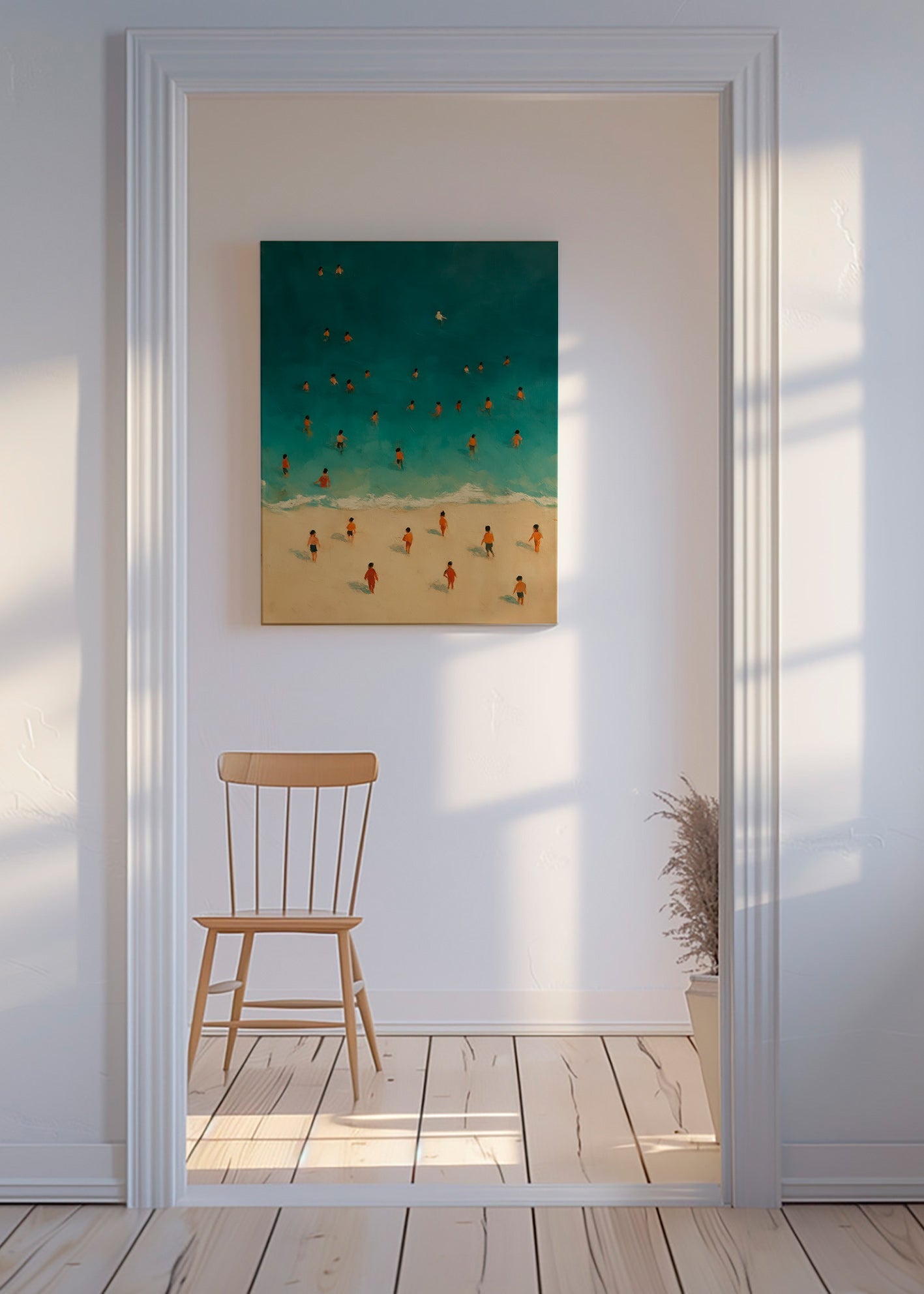 Landskabskunst: strand set oppefra med badende – Canvas
